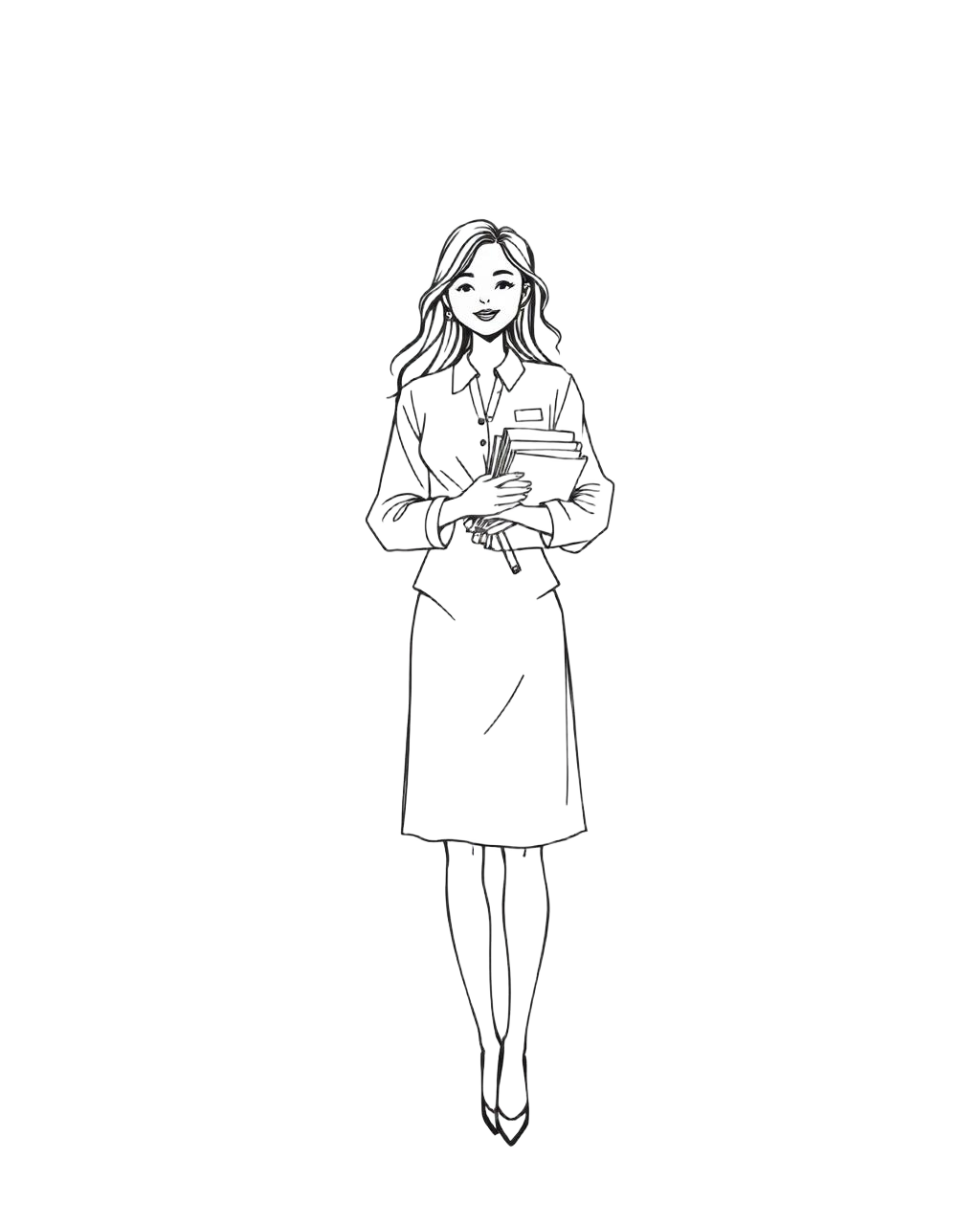 Hand-drawn sketch of a stylish woman holding magazines