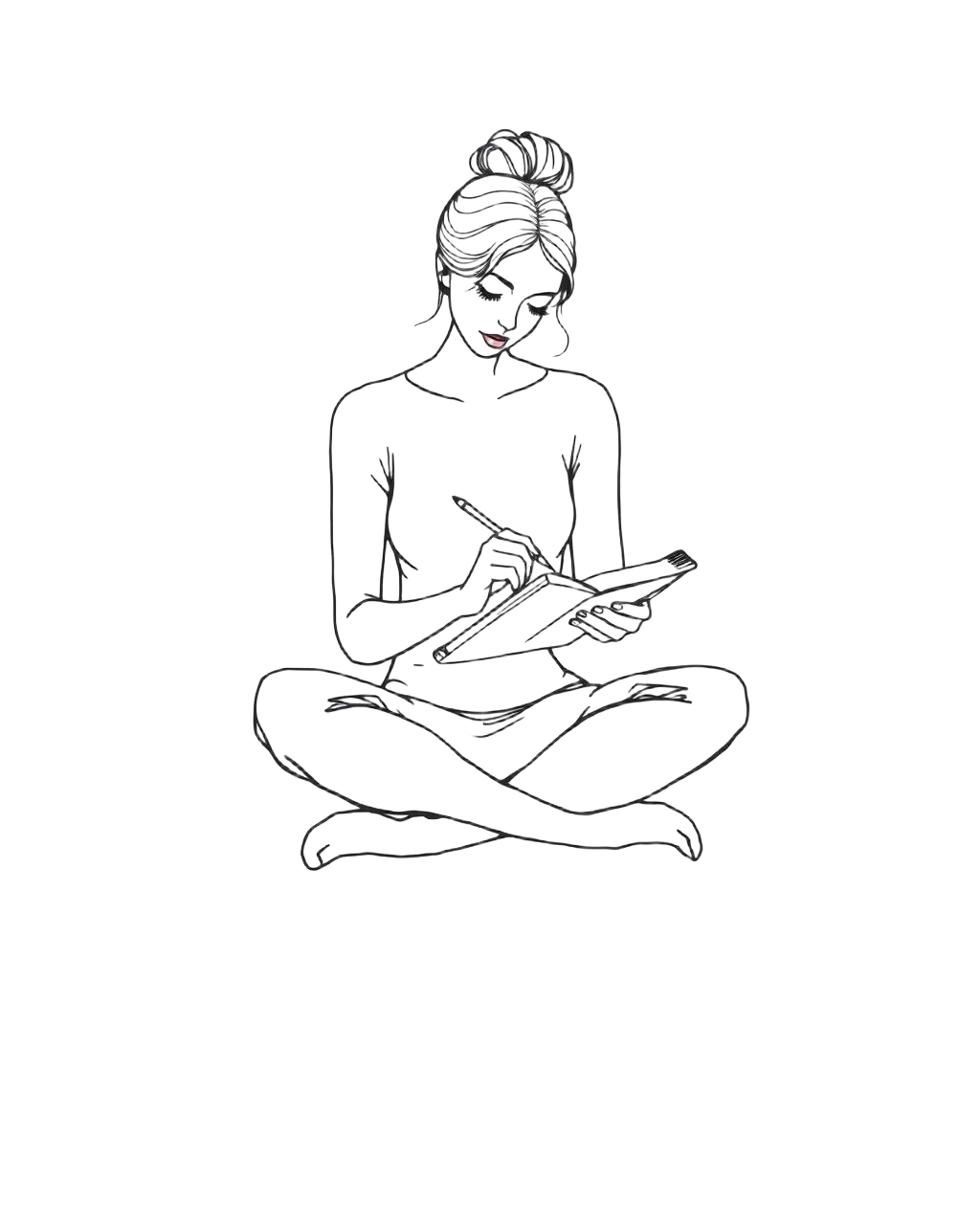Hand-drawn sketch of a woman sitting cross-legged writing in a notebook